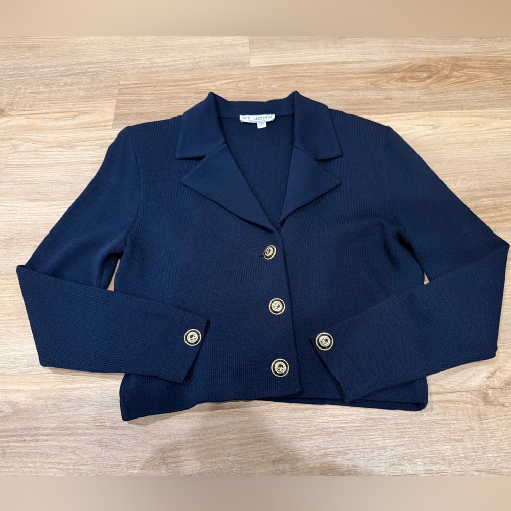 St. John Separates Navy Santana Knit Jacket Gold Logo Buttons Size L - Picture 8 of 12